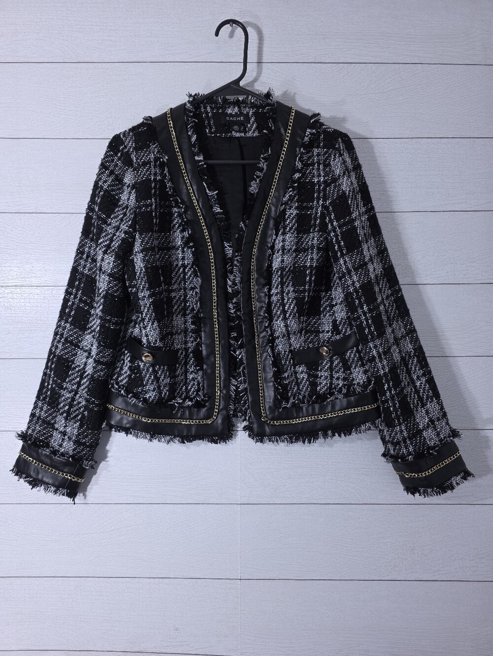 Cache Tweed Black Faux Leather Open Front Blazer Gold Chain Trim Jacket Size XS